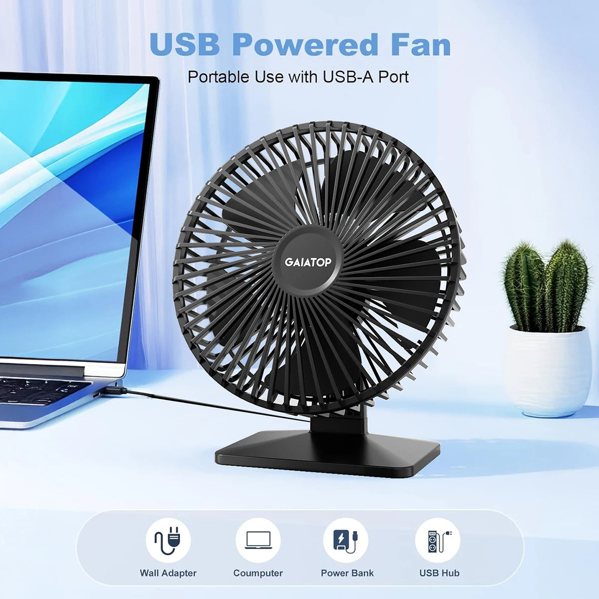 Ventilateur de bureau USB GAIATOP – Ultra silencieux, 4 vitesses, refroidissement réglable